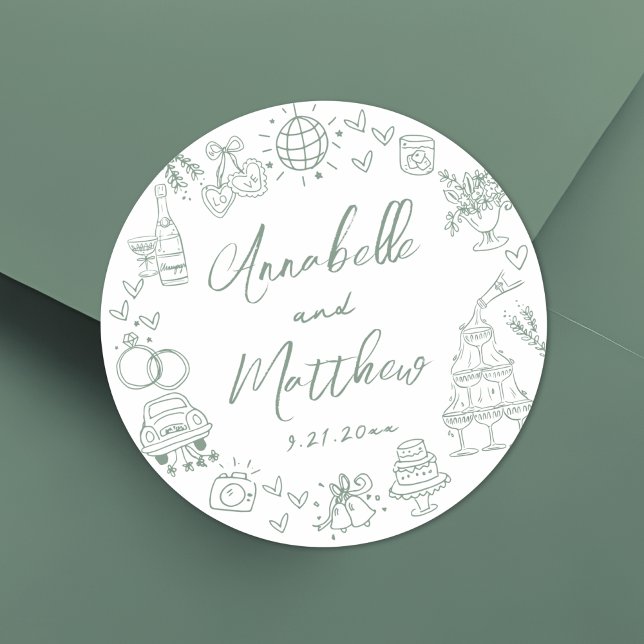 Handgezeichnete grüne Whimsikensehen Runder Aufkleber (Hand Drawn Green Whimsical Wedding Classic Round Sticker)