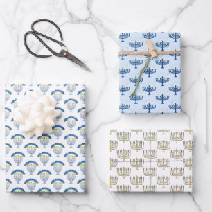 Handgezeichnete Hanukkah-Menora-Kerzen Geschenkpapier Set
