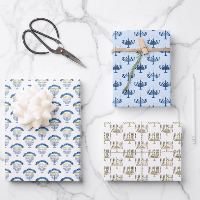 Handgezeichnete Hanukkah-Menora-Kerzen Geschenkpapier Set (Vorderseite)