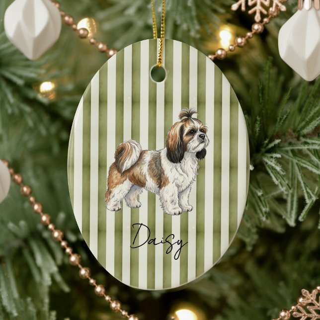 Handgezeichnete Haustiere Portrait Sketch Wasserfa Keramik Ornament (Celebrate the holidays with this timeless, vintage striped pet portrait! )