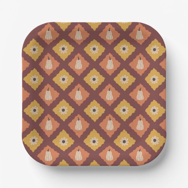 Handgezeichnete Herbst-Diamant-Muster-Papierteller Pappteller (Vorderseite)
