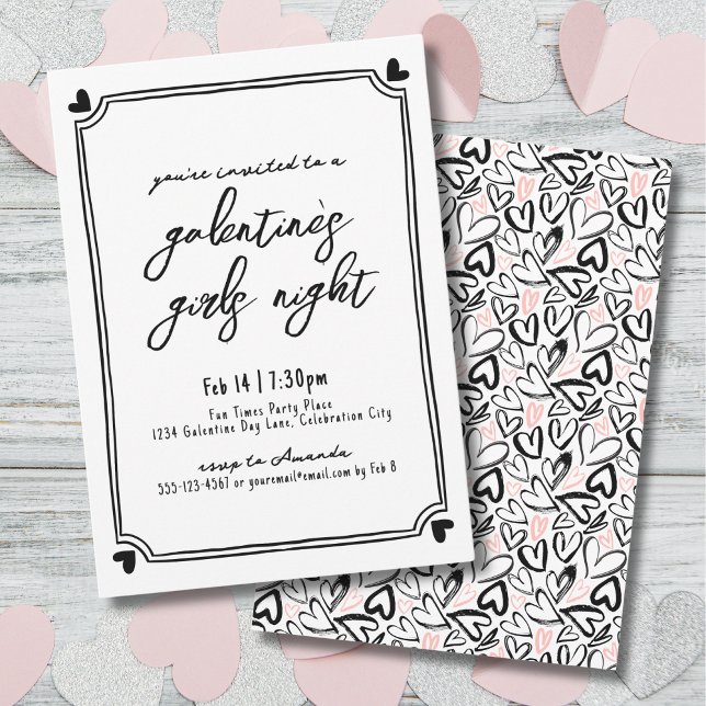 Handgezeichnete Herzen Girls Night Galentine's Day Einladung (Hand Drawn Hearts Girls Night Galentine's Day Invitation)
