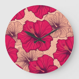Handgezeichnete Hibiskusblüten Vintage Große Wanduhr