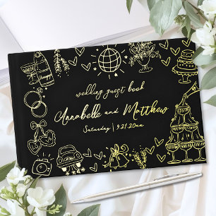 Handgezeichnete Hochzeit Schwarz Gold Gästebuch