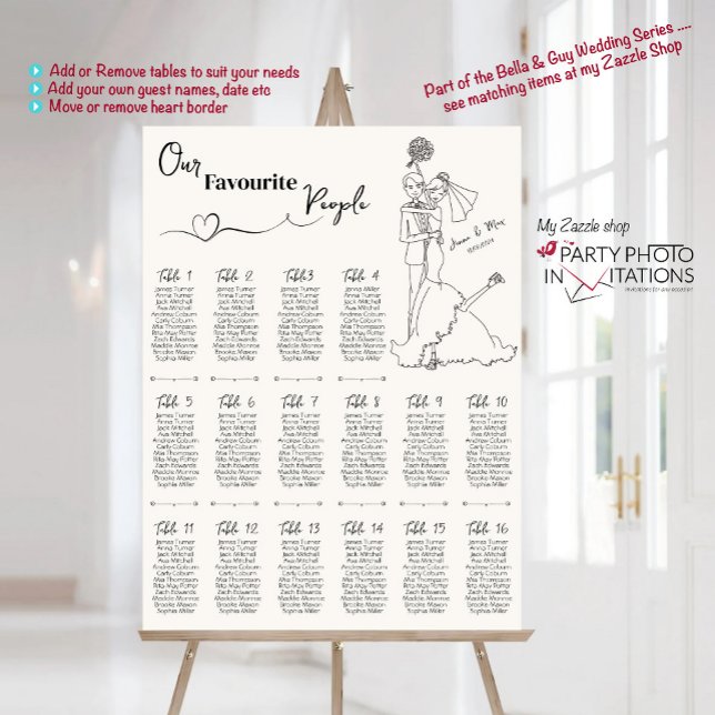 handgezeichnete Hochzeitstabelle Poster (Bella and Guy Hand drawn scribble Table Chart ...seating plan)
