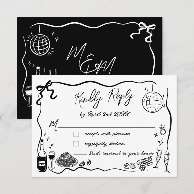 Handgezeichnete Illustrationen Scribble Doodles Ho RSVP Karte (Vorne/Hinten)