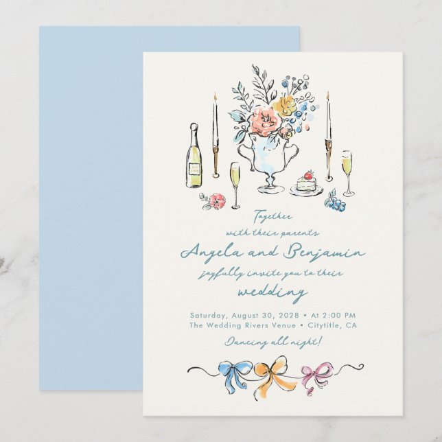 Handgezeichnete Illustrationen Whimsical Französis Einladung (Vorne/Hinten)