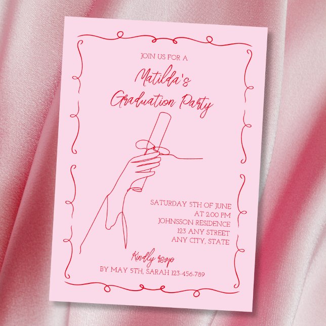 Handgezeichnete Illustrierte rosa und rote Absolve Einladung (Hand Drawn Illustrated Pink & Red Graduation Party Invitation)