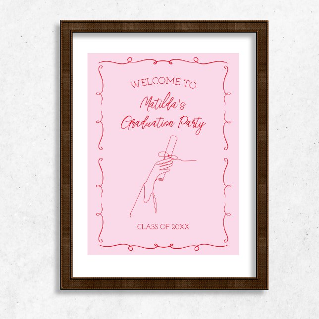 Handgezeichnete Illustrierte rosa und rote Absolve Poster (Hand Drawn Illustrated Pink & Red Graduation Party Poster)