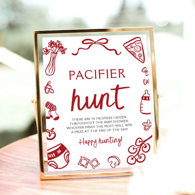 Handgezeichnete italienische Baby Schnuller Hunt B Poster (Hand Drawn Italian Baby Pacifier Hunt Baby Shower Sign)