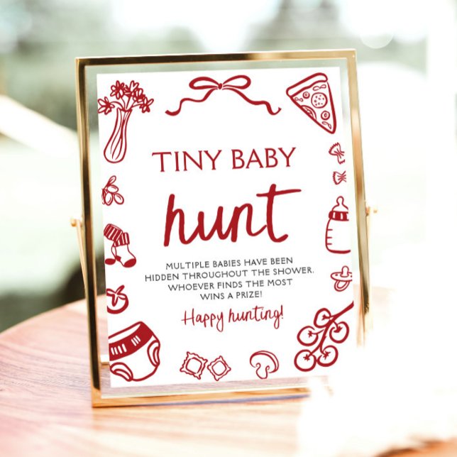 Handgezeichnete italienische Windel Baby Hunt Baby Poster (Hand Drawn Italian Tiny Baby Hunt Baby Shower Sign )