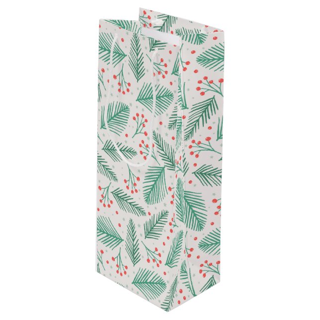 Handgezeichnete Kiefernzweige Grün Rot Weiß Geschenktüte Für Weinflaschen (Vorderseite Schrägansicht)