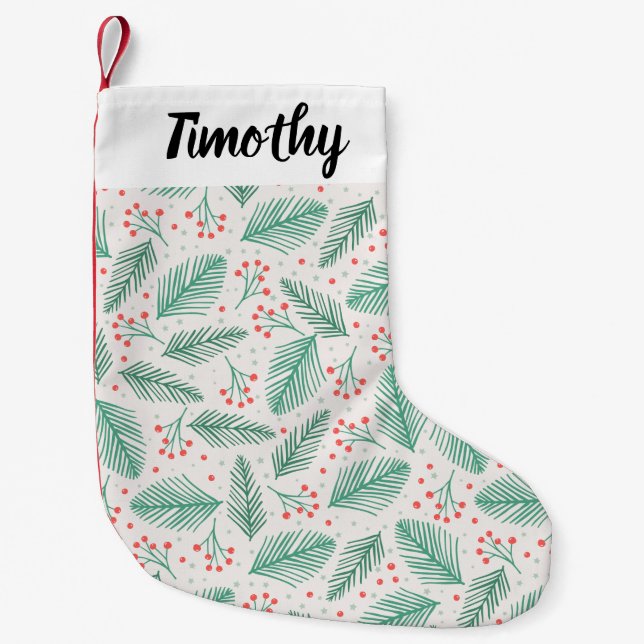 Handgezeichnete Kiefernzweige Grün Rot Weiß Kleiner Weihnachtsstrumpf (Vorderseite)