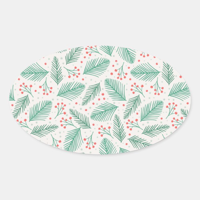 Handgezeichnete Kiefernzweige Grün Rot Weiß Ovaler Aufkleber (Vorderseite)
