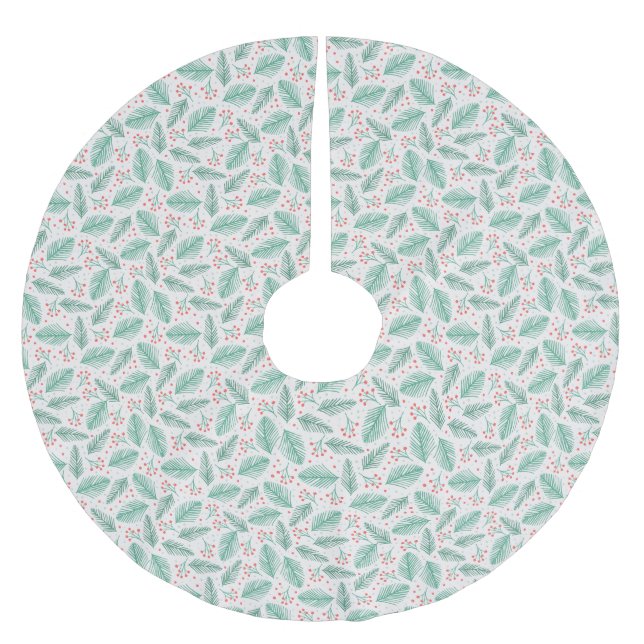 Handgezeichnete Kiefernzweige Grün Rot Weiß Polyester Weihnachtsbaumdecke (Vorderseite)