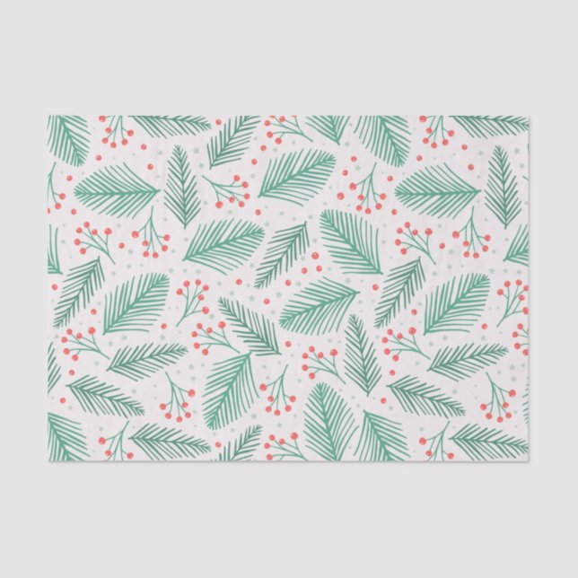 Handgezeichnete Kiefernzweige Grün Rot Weiß Seidenpapier (Vorderseite)