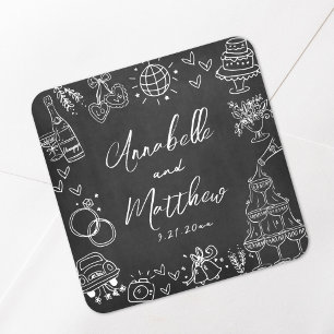 Handgezeichnete Kreidetafel Whimsical Hochzeit Quadratischer Aufkleber