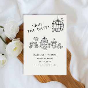 Handgezeichnete Kritzel-Disco-Hochzeit Termin vorm Save The Date