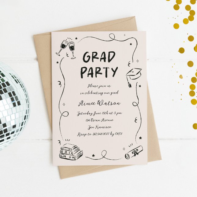 Handgezeichnete Kritzel-Doodle-Abschlussfeier  Einladung (quirky graduation party invitation with whimsical doodles)