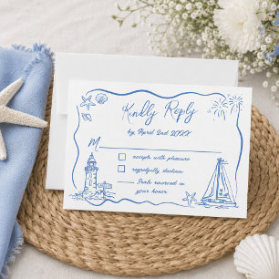 Handgezeichnete Kritzel-Doodles Strand Küstenhochz RSVP Karte