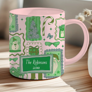 Handgezeichnete Kritzelei grün pink Weihnachten Tasse