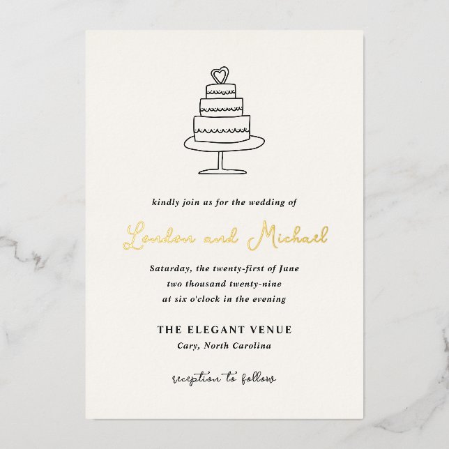 Handgezeichnete Kuchen Doodle Moderne Hochzeit Folieneinladung (Vorderseite)