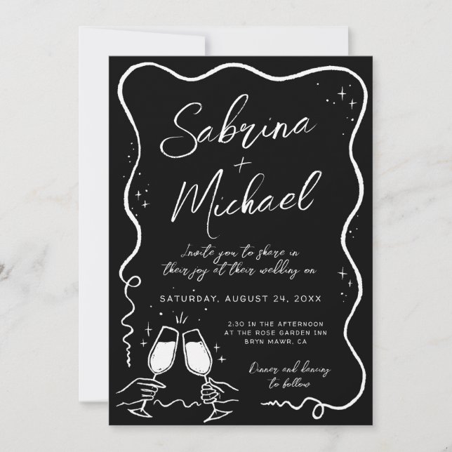Handgezeichnete Kurvy Whimsical Black Wedding Einladung (Vorderseite)