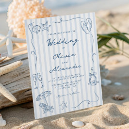 Handgezeichnete Küsten-Hochzeit in staubigem Blau Einladung