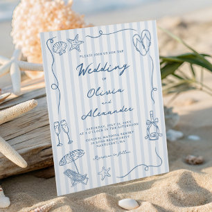 Handgezeichnete Küsten-Hochzeit in staubigem Blau Einladung