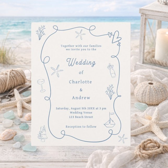 Handgezeichnete Küstenblaue Elfenbein-Hochzeitsein (Von Creator hochgeladen)