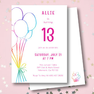 Handgezeichnete Lässige Birthday Rainbow Ballon Ki Einladung