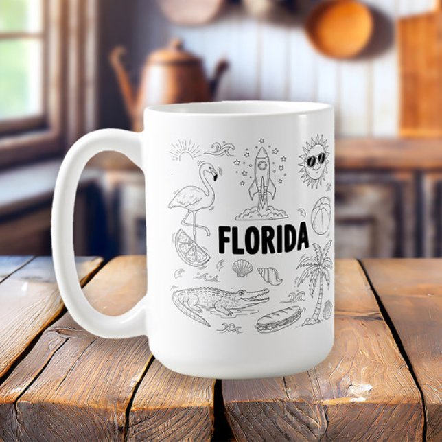 Handgezeichnete Linien-Symbole in Florida Kaffeetasse (Florida tourism line art mug)