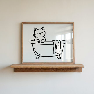 Handgezeichnete Linienkunst-Katze in der Badewanne Poster