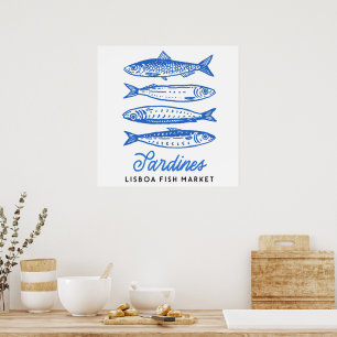 Handgezeichnete Lisboa Fischmarkt Sardinen Poster