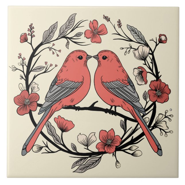 Handgezeichnete Lovebirds Decorative Keramik Tile Fliese (Vorderseite)