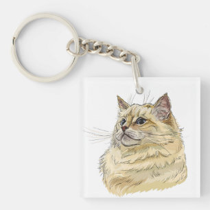 Handgezeichnete lustige flauschige Ragdoll-Katze Schlüsselanhänger