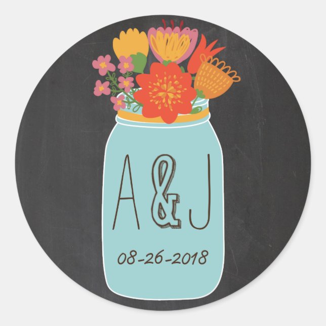 Handgezeichnete Mason Jar und Blume Chalkboard Mon Runder Aufkleber (Vorderseite)