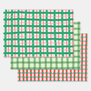 Handgezeichnete moderne Weihnachts-Karomuster Geschenkpapier Set