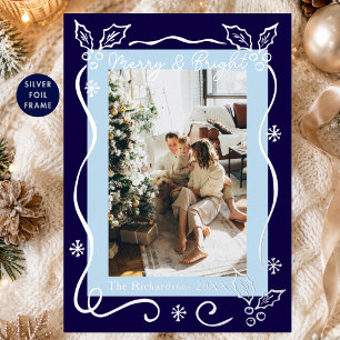 Handgezeichnete Navy Merry & Bright Foto Weihnacht Folien Feiertagskarte