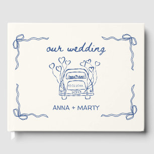 Handgezeichnete Navy Retro Schleifen Hochzeitsauto Gästebuch
