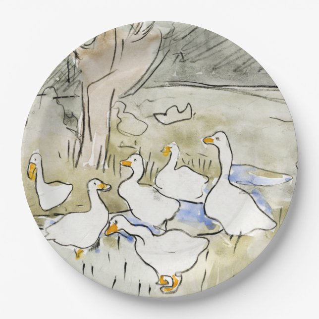 Handgezeichnete Niedliche Enten Fotos Weißente Kle Pappteller (Vorderseite)