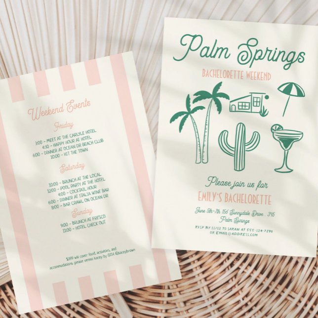 Handgezeichnete Palm Springs Pink Bachelorette Woc Einladung (Von Creator hochgeladen)