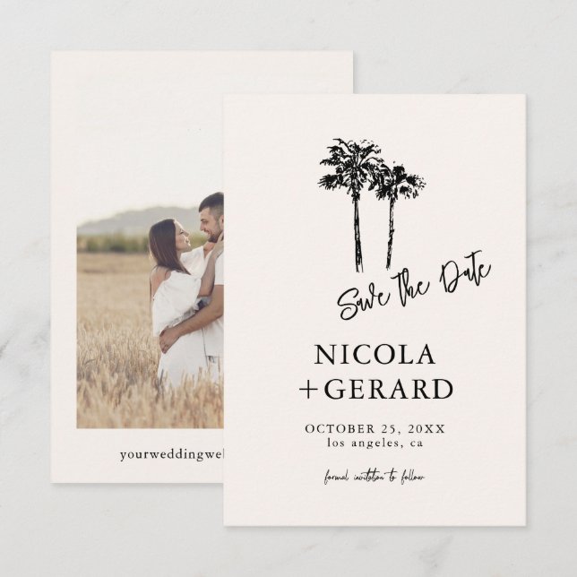 Handgezeichnete Palme Tree Tropical Kleine Hochzei Save The Date (Vorne/Hinten)