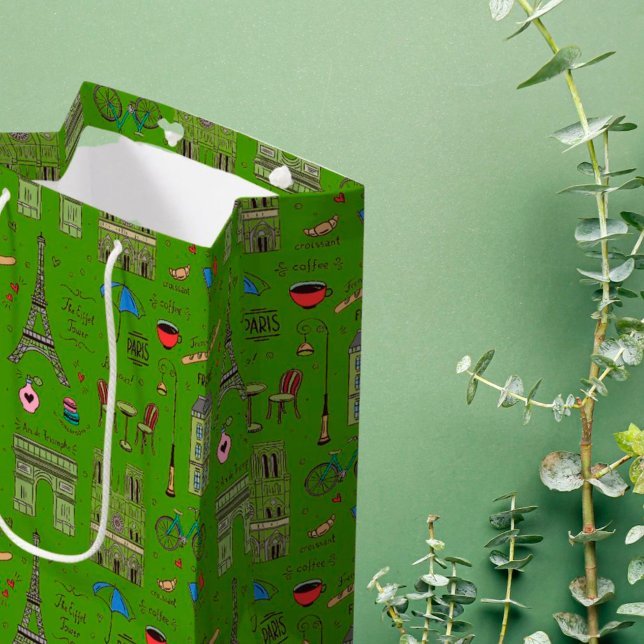 Handgezeichnete Pariser Doodles auf Green Mittlere Geschenktüte (Von Creator hochgeladen)