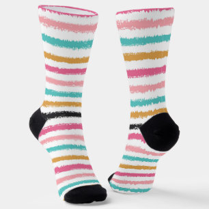 Handgezeichnete Pfirsich-Rosa-Teal-Streifen-Socken Socken