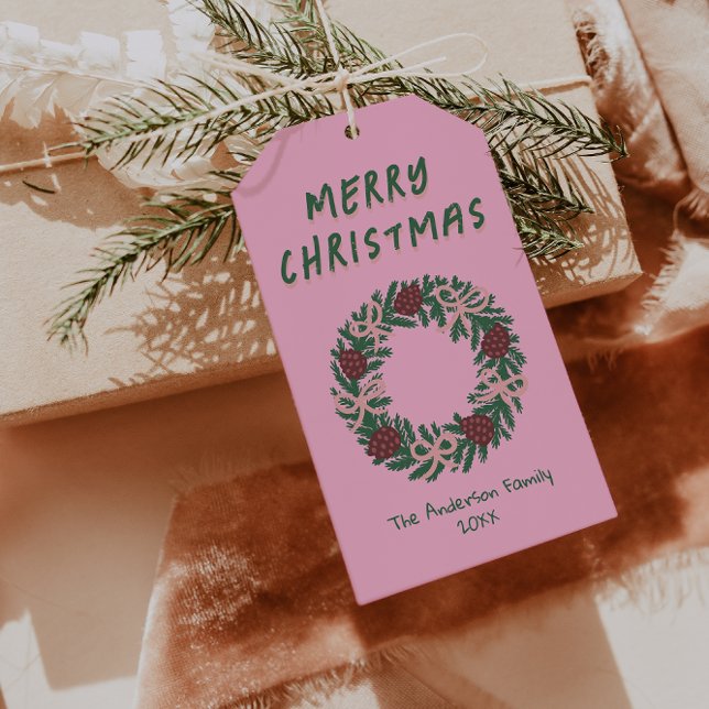 Handgezeichnete Pink Grüne Weihnachtskreide Bows Geschenkanhänger (Von Creator hochgeladen)