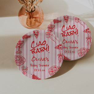 Handgezeichnete Pizza Rosa Rot Ciao Baby Shower Pappteller