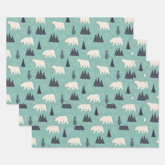 Handgezeichnete Polarbären Evergreen Trees im Schn Geschenkpapier Set (Set)