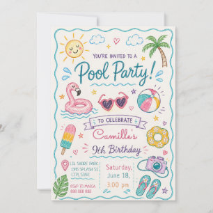 Handgezeichnete Poolparty Sommer-Doodle Kindergebu Einladung