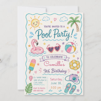 Handgezeichnete Poolparty Sommer-Doodle Kindergebu Einladung